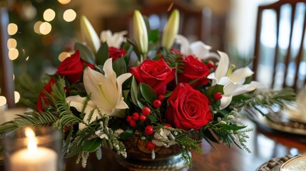 Fototapeta premium Elegantly Arranged Christmas Floral Centerpiece with Red Roses and White Lilies for Festive Decor