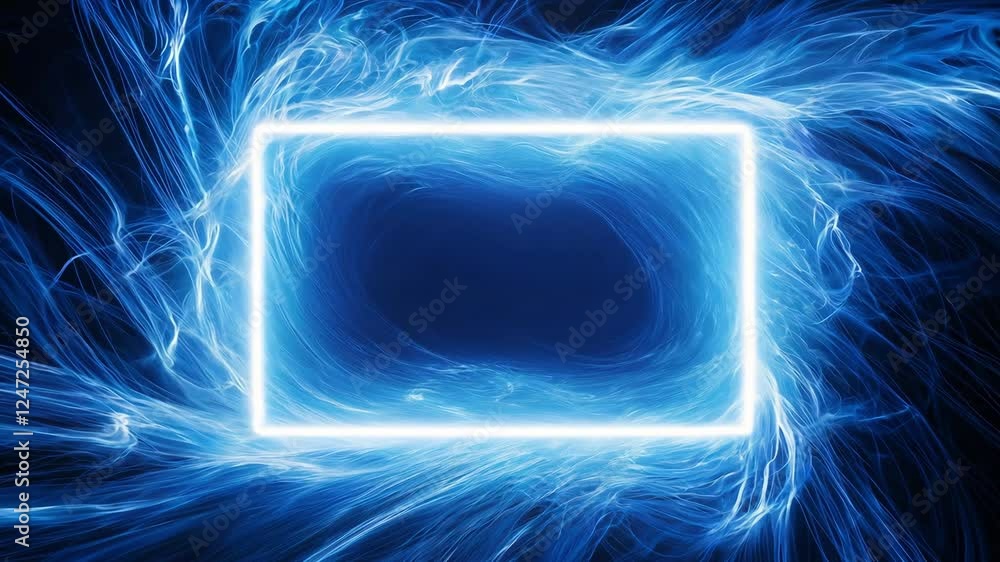 Poster display of swirling blue light forms within a glowing frame, captivating viewers with its dynamic mo