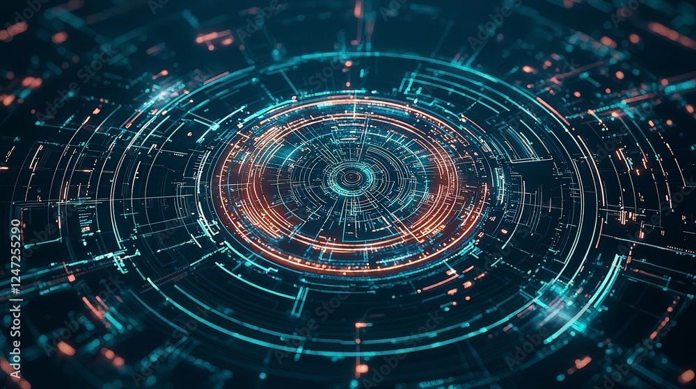 Poster abstract digital design featuring glowing circular patterns and interconnected lines, evoking a futu