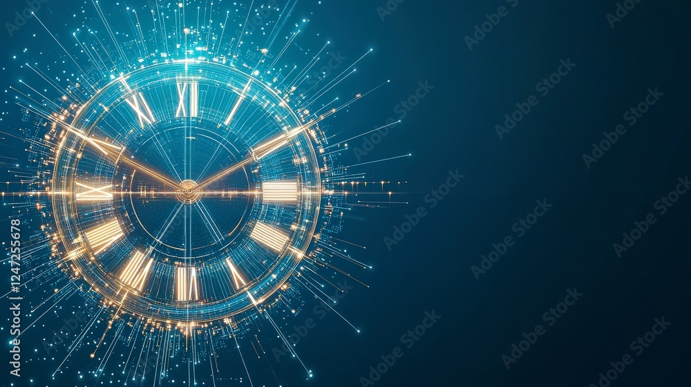 Poster a futuristic clock design with glowing elements and an abstract background, symbolizing time and tec