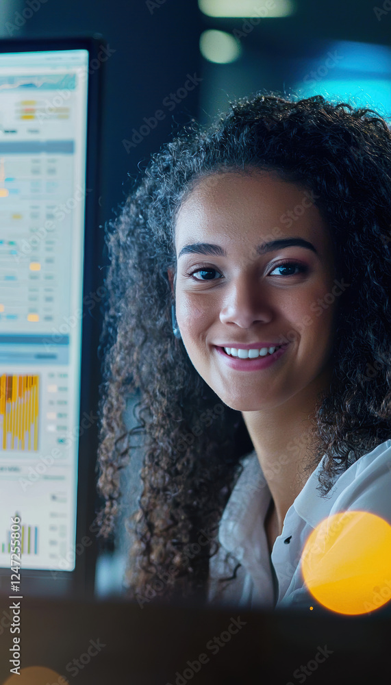 Poster friendly call center agent engaging with clients, performance dashboard in view