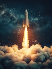 Fototapeta premium Creative launching rocket in starry dark sky. Startup and travel concept. 3D Rendering.