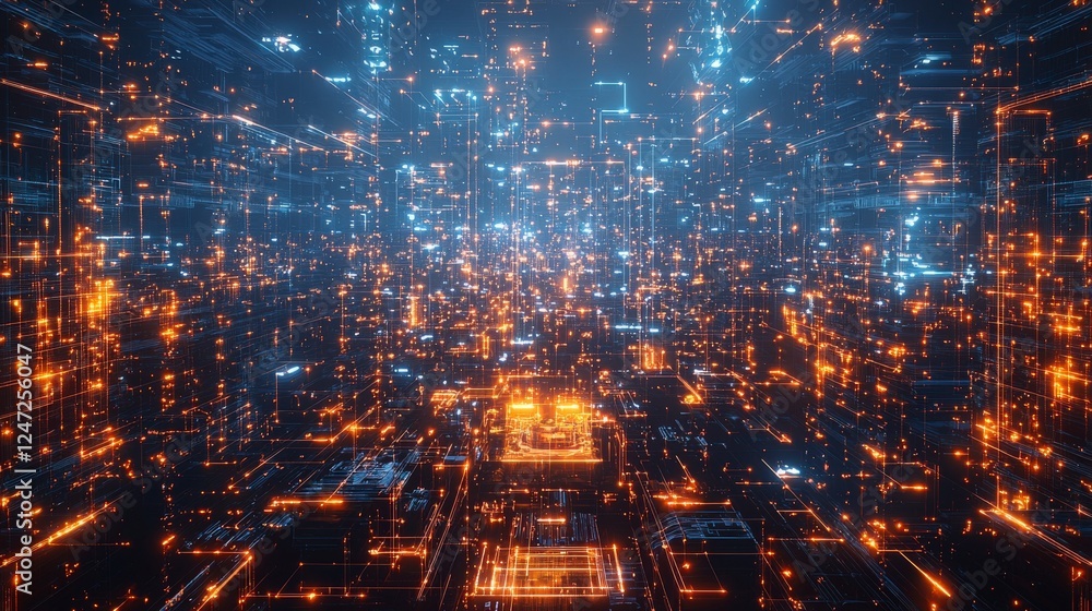 Poster a vibrant digital landscape filled with glowing lights and interconnected data streams, creating a f