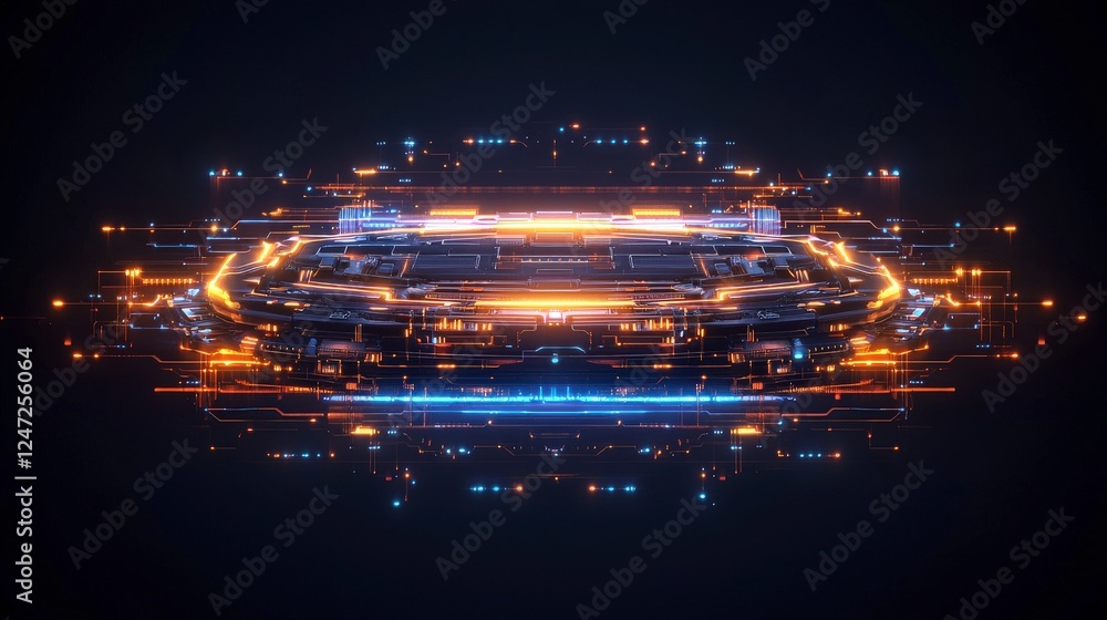 Poster futuristic digital landscape with vibrant glowing lines and intricate patterns against a dark backgr