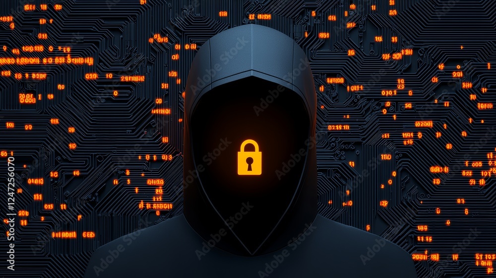 Poster mysterious figure with lock symbol on a dark circuit board background