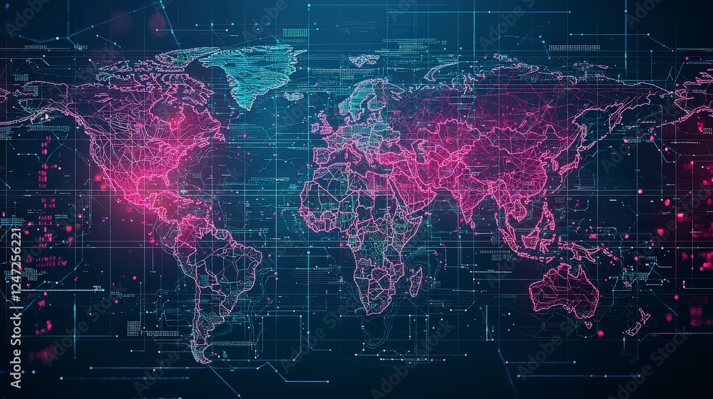 Poster digital world map visualization with vibrant colors, showcasing interconnected data points and a tec