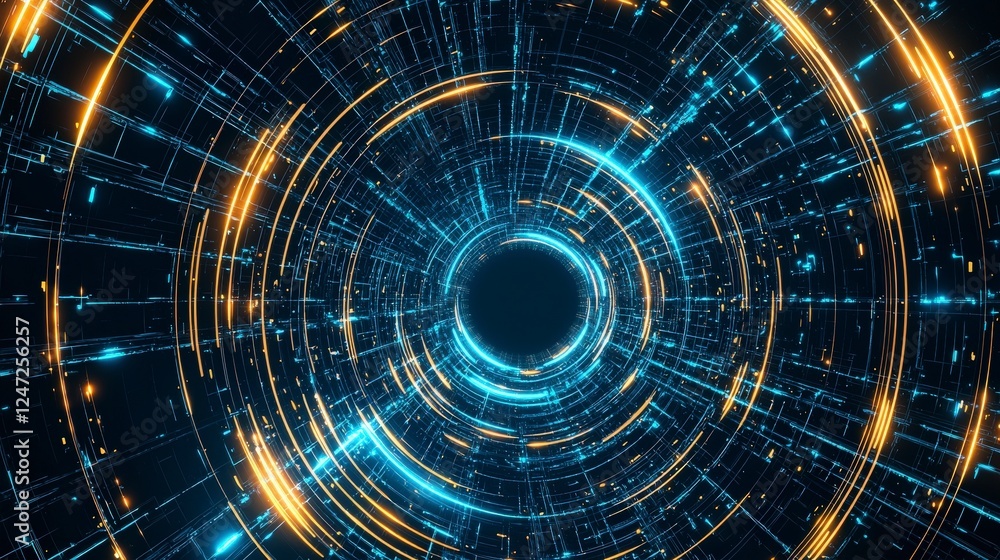 Poster a dynamic abstract tunnel of glowing blue and orange light, creating a sense of depth and motion thr