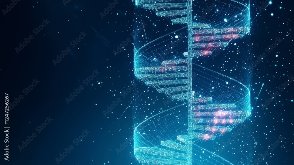 Poster digital representation of a dna double helix in a blue, sparkling environment, symbolizing genetics 