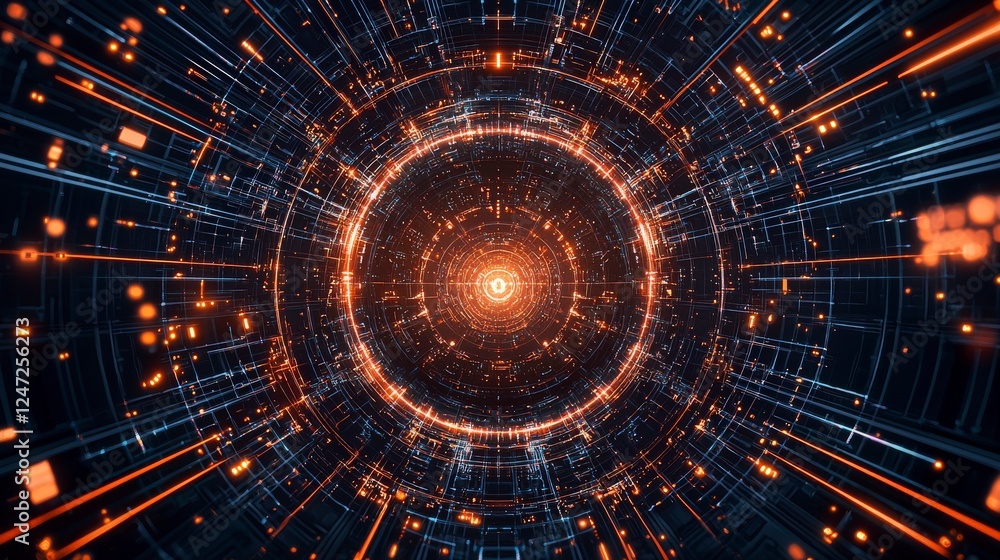 Poster vibrant digital vortex with glowing particles and lines, creating a futuristic, energetic effect in 