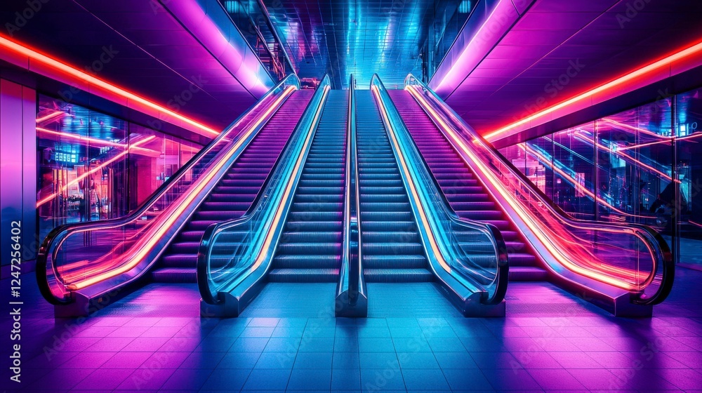 Poster vibrant escalators illuminated by colorful neon lights create a futuristic atmosphere in a modern sp