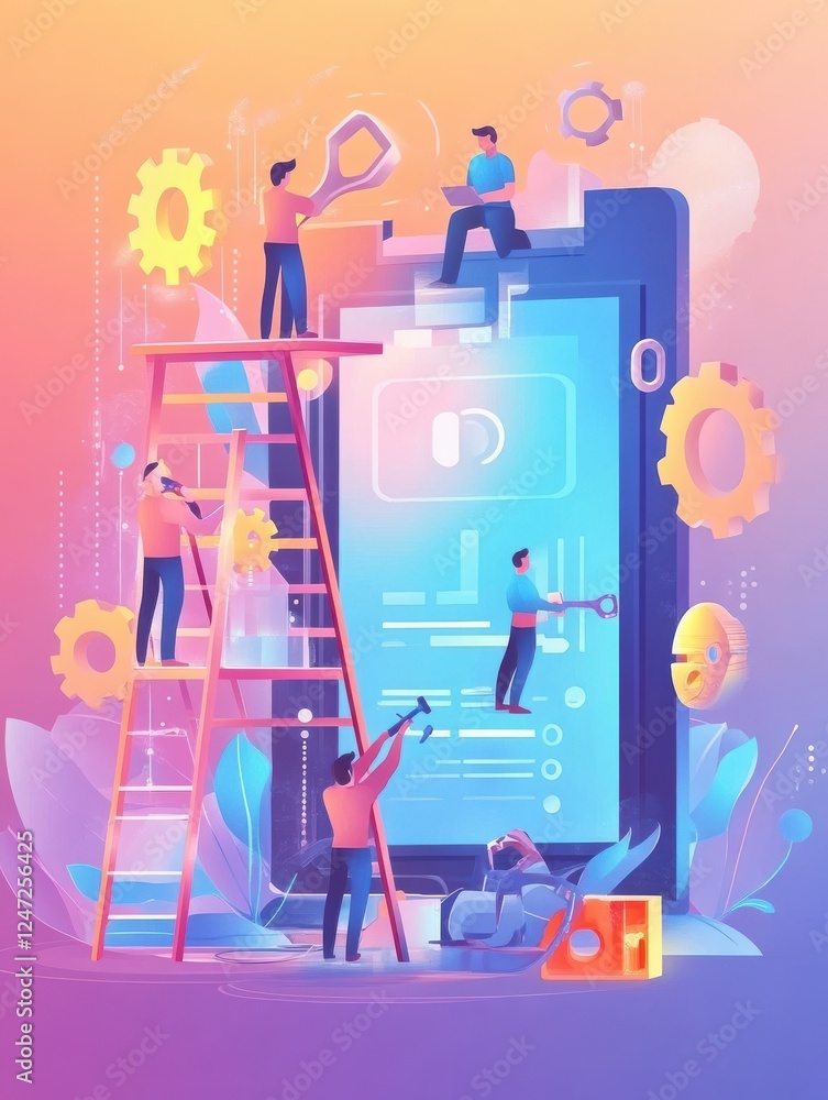 Poster developers with wrench work on chatbot application development. chatbot app development, bot develop