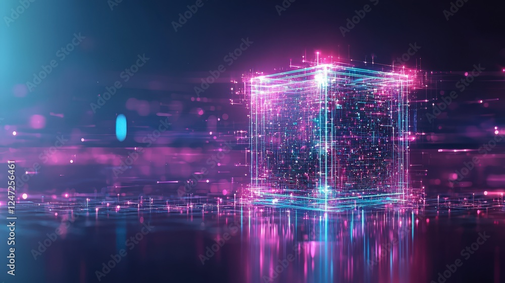 Poster vibrant digital cube floating in a futuristic environment with glowing particles and reflections, ev