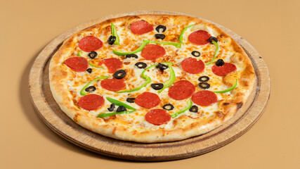 Delicious pizza isolated on wooden board