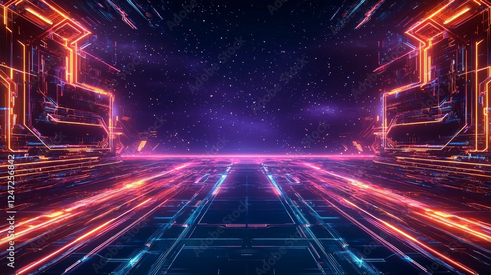 Aufkleber futuristic digital landscape with vibrant neon lines and glowing particles, creating a sense of dept
