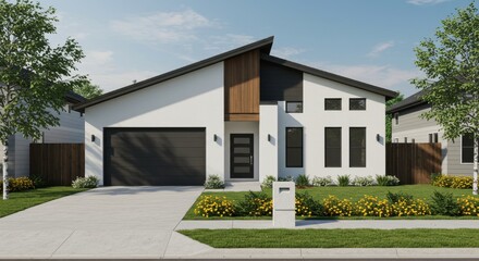 A suburban modern house with a low pitched roof and a sleek design