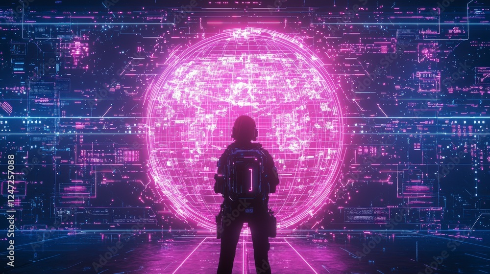 Poster a person stands before a vibrant, glowing digital sphere, surrounded by intricate patterns of light 