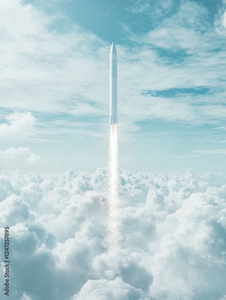 Poster start up concept with rocket going upward in abstract light blue cloudy sky. 3d rendering