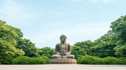 Fototapeta premium A serene Buddha statue surrounded by lush greenery under a clear sky, symbolizing peace and tranquility.