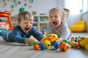 Little kids are fighting in room at home. Children pull same toy each in their own direction. Babies crying and screaming. Relations of sibling in family. Babies adaptation in groups