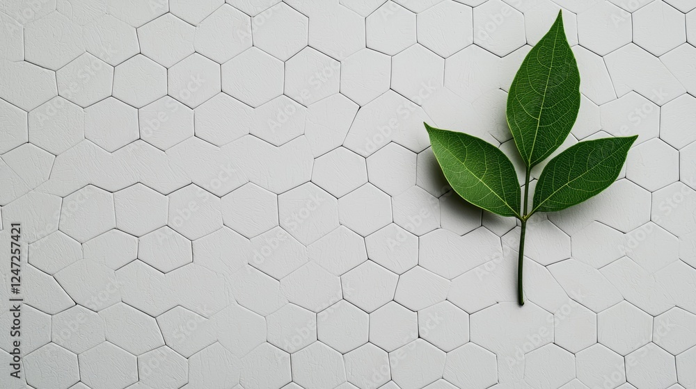 Poster green leaf on white hexagonal tile background with emphasis on sustainable practices