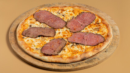 Delicious pizza isolated on wooden board