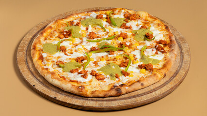 Delicious pizza isolated on wooden board