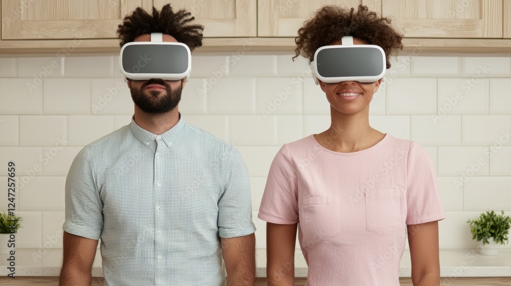 Poster engineers using augmented reality technology for simulation in modern kitchen environment