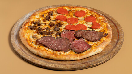 Delicious pizza isolated on wooden board