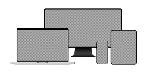 Isolated smart device mockups on a clean white background, ready for your designs.  Includes a smartphone, tablet, laptop, and desktop computer.  Stock vector illustration, royalty-free.