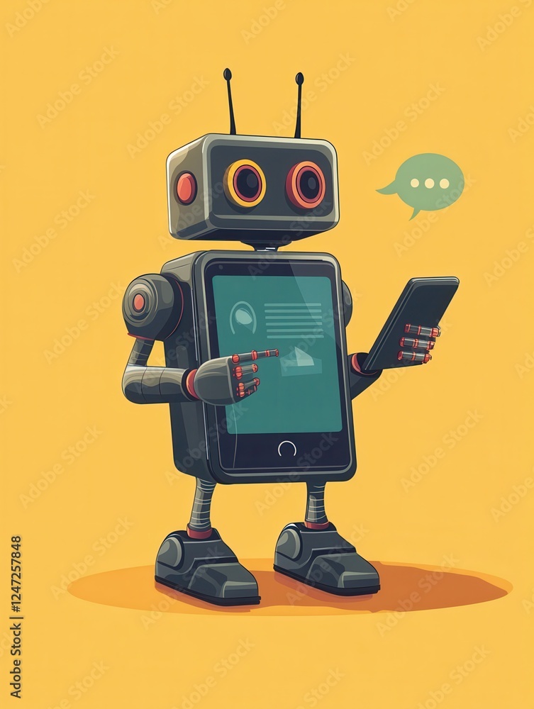 Poster human conversation with robot on smartphone. chatting with bot, chatbot vector concept. robot chat a
