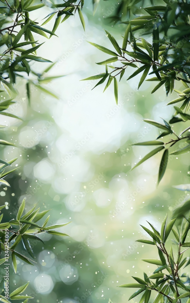 Poster tranquil bamboo leaf border with soft background and dreamy bokeh effect