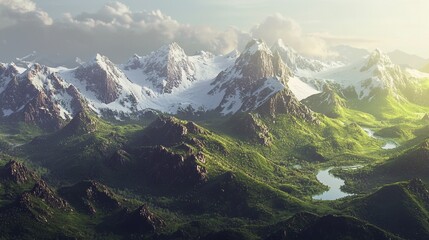 Fototapeta premium Majestic mountain landscape showcasing rugged peaks and lush valleys during golden hour light