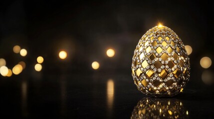 Fototapeta premium A diamond-studded golden Easter egg frame resting on a black velvet background with soft spotlights