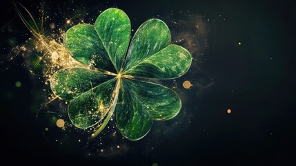 A brilliant shamrock clover glows against a dark backdrop, representing luck and the spirit of St. Patrick's Day, inviting joy and eco-awareness this spring