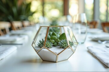 Geometric Terrarium with Succulent in Minimalist White Interior