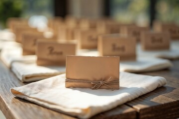 Rustic Wedding Place Cards with Twine on Linen in Soft Sunlight with Copy Space
