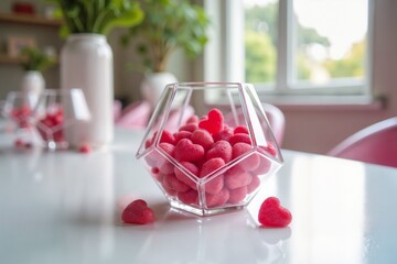 Geometric Glass Vase with Heart-Shaped Candies in Minimalist Setting with Copy Space