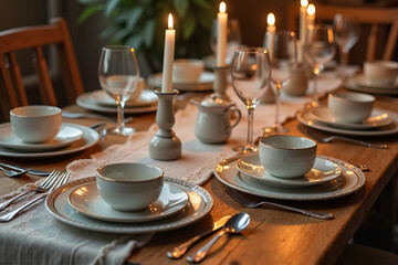 Rustic Candlelit Table Setting with Warm Glowing Ambiance