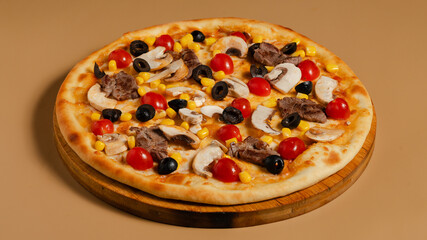 Delicious pizza isolated on wooden board