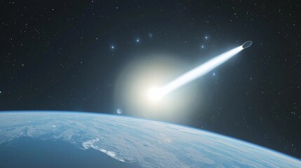 Naklejka premium Bright comet illuminates the night sky over Earth during astronomical event