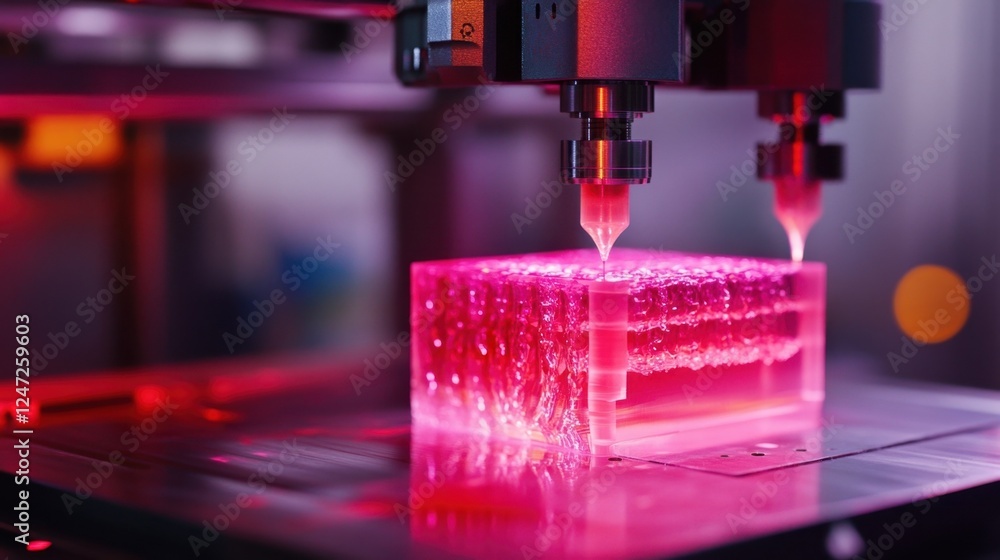 Poster high tech 3d printer precisely fabricating a complex, translucent pink structure. the scene highligh