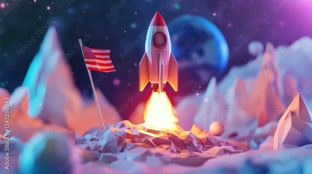 Aufkleber start up concept with abstract polygonal planet, launching rocket ship and flag with text. 3d render