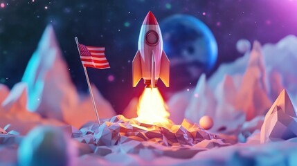 Start up concept with abstract polygonal planet, launching rocket ship and flag with text. 3D Rendering