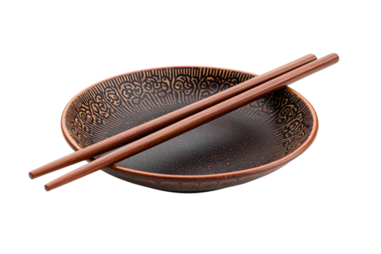 Serving asian cuisine kitchen plate and chopsticks indoor top view isolated on transparent background