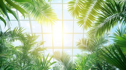 Fototapeta premium Lush tropical plants frame a bright sunlight streaming through a glass roof, creating a serene and vibrant atmosphere.