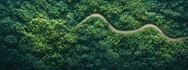 Obraz premium Aerial view of a winding road through a dense forest, top-down perspective 