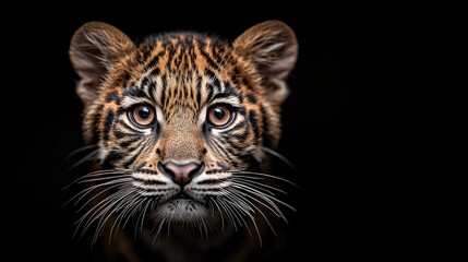 Obraz premium Cute tiger cub portrait, dark background, wildlife photography, zoo animal