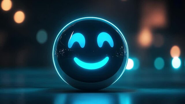 A glowing black smiley face with blue eyes stands out against a dark bokeh background illuminated by soft lights, creating a joyful atmosphere