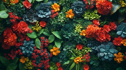 Vibrant Garden Wall Covered with Colorful Flora and Cascading Greenery