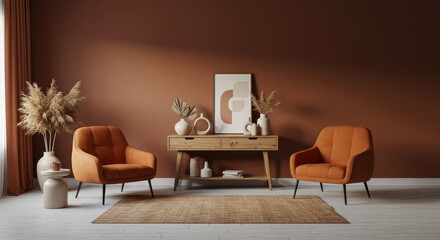 A cozy living room with warm terracotta walls and two orange armchairs placed on a white washed wooden floor